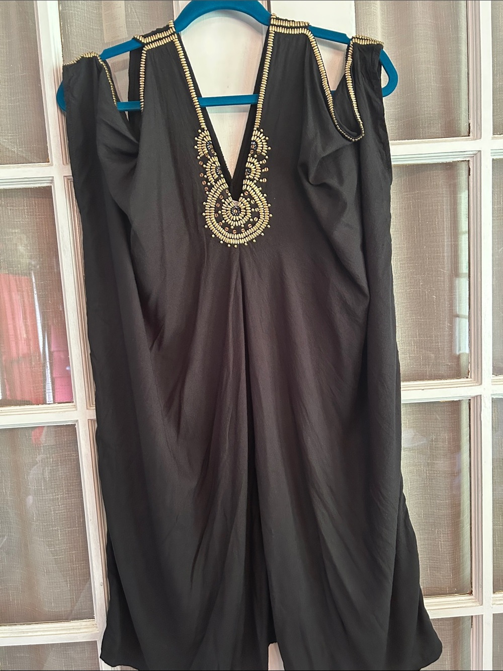 Lani Lau Hawaii Black Cold-Shoulder Caftan Dress Gold Beaded V-Neck Beach Resort